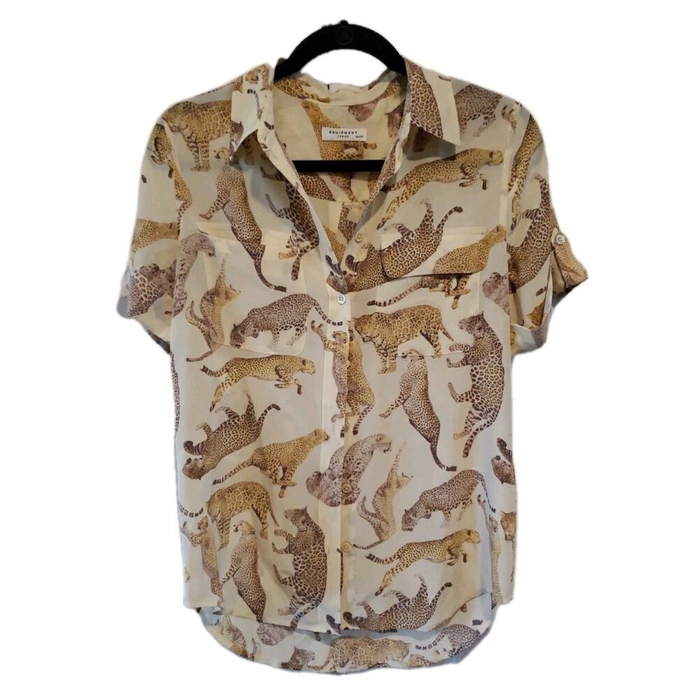 Equipment Top Blouse Reese Floating Cheetah Silk Safari Short Sleeve Sz XS